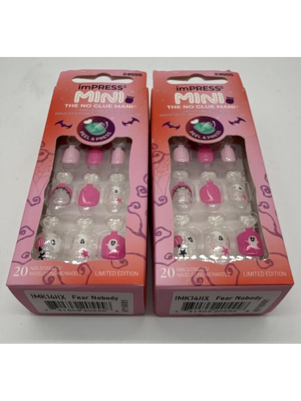 2 Pk Holloween imPRESS MINI No Glue Press-On Nails Short Square Pink/White NIB